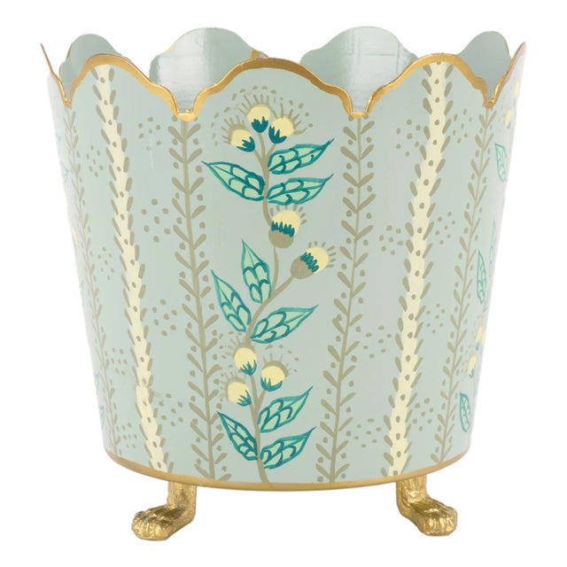 Green & Gold Floral Scalloped Bucket Tole Planter, Medium For Sale