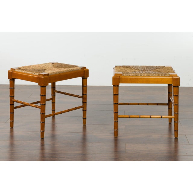 Vintage Pair of English Midcentury Faux Bamboo Walnut Stools with Rush Seats For Sale - Image 10 of 12