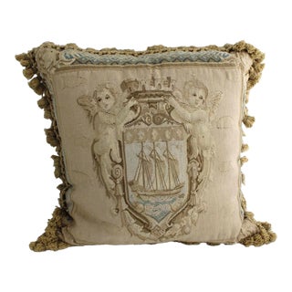 Antique French Aubusson Tapestry Needlepoint Pillow W/Cherubs Putto, 24x24" For Sale