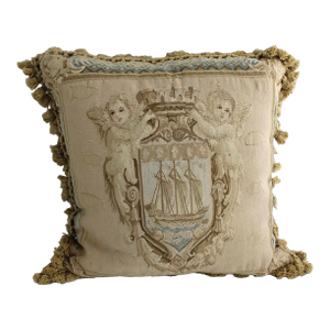 Antique French Aubusson Tapestry Needlepoint Pillow W/Cherubs Putto, 24x24"