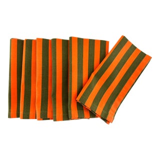 1960s Mid-Century Modern Orange and Olive Green Striped Cotton Napkins - Set of 6 For Sale