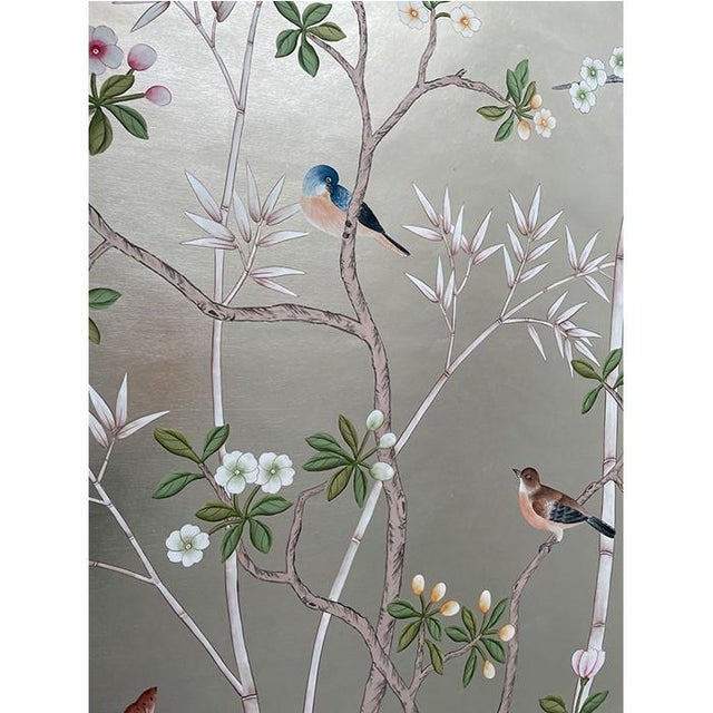 Not Yet Made - Made To Order Silver Leaf Chinoiserie Hand-Painted Bird & Floral Wall Panels (Set of 2) For Sale - Image 5 of 5