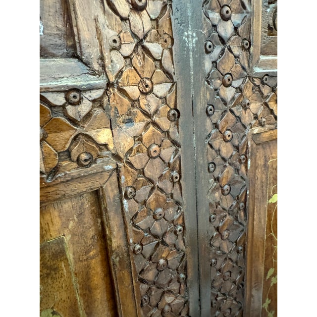Unusual Moorish Carved Teak 4 Panel Screen For Sale - Image 4 of 12