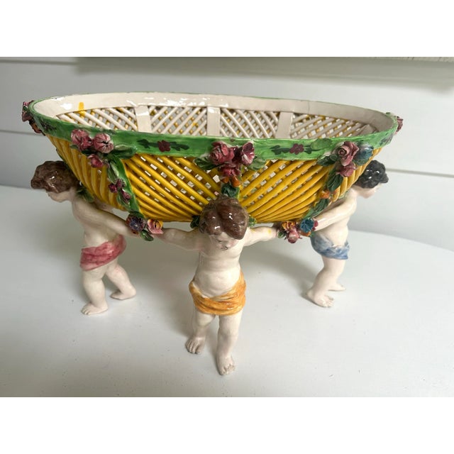 Canary Yellow Antique Italian Lattice Lidded Centerpiece Ceramic Bowl on Putti Cherub For Sale - Image 8 of 12