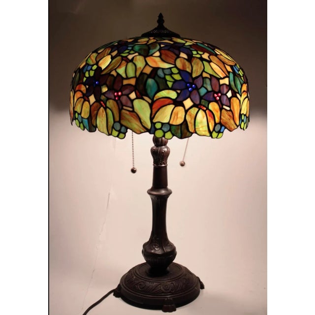 Large Art Nouveau Style leaded stained glass and metal base table lamp 27" H x 14" Dia.