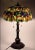 Large Art Nouveau Style leaded stained glass and metal base table lamp 27" H x 14" Dia.
