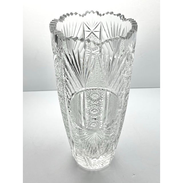 Large Heavy Vintage Bohemian Cut Lead Crystal Presentation Centerpiece Vase For Sale - Image 4 of 8