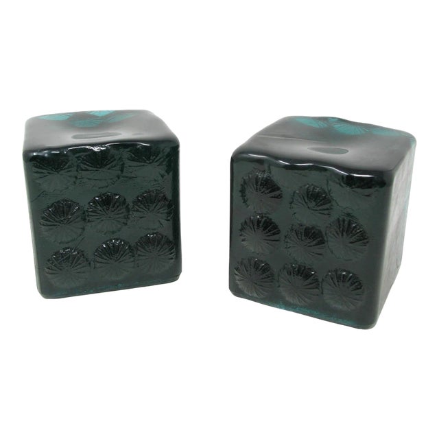 Vintage Blenko Green Ice Glass Sculpture Block Cube Bookends Designed by Joel Meyers - a Pair For Sale