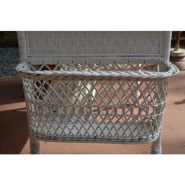 Wood Vintage White Wicker Writing Desk W/ Drawer / Side Basket & Cubbies / Shelves For Sale - Image 7 of 18
