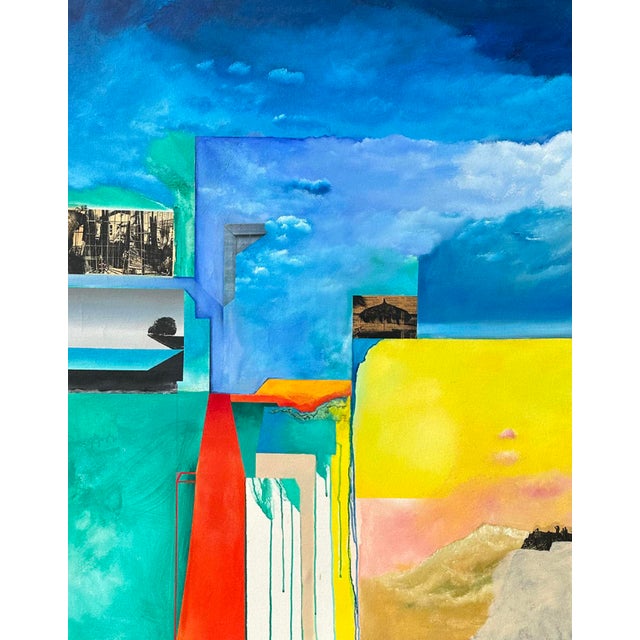 A mixed media painting and collage on canvas by the American artist Anthony Louis Popcheff (1954-2003). This vibrant...