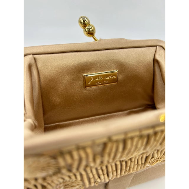 Judith Leiber Judith Leiber Vintage Tan Silk Wood Bead Sequin Two Tier Minaudiere Bag For Sale - Image 4 of 12