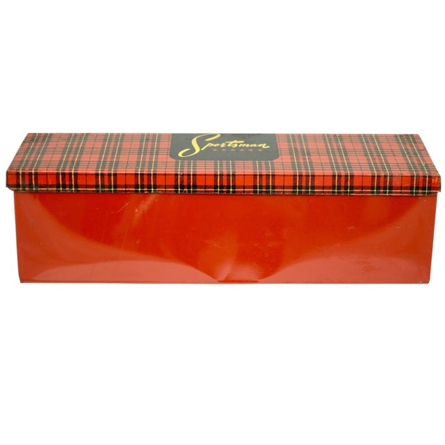 Long vintage "Sportsman” red plaid metal sandwich box with hinged lid. Marked “Sportsman” No maker's marks. Light wear...