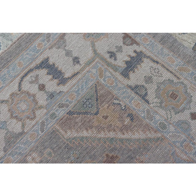 Turkish Modern Oushak Rug in Medallion Design in Gray-Blue and Marigold For Sale - Image 11 of 11
