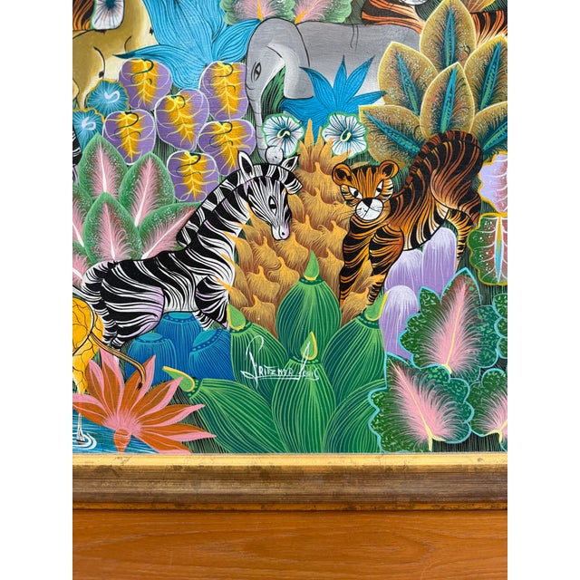 Mid-Century Modern 1980s Original Signed Fritzner Louis Haitian Jungle Painting | Framed Oil on Canvas | 30" X 24" For Sale - Image 3 of 6