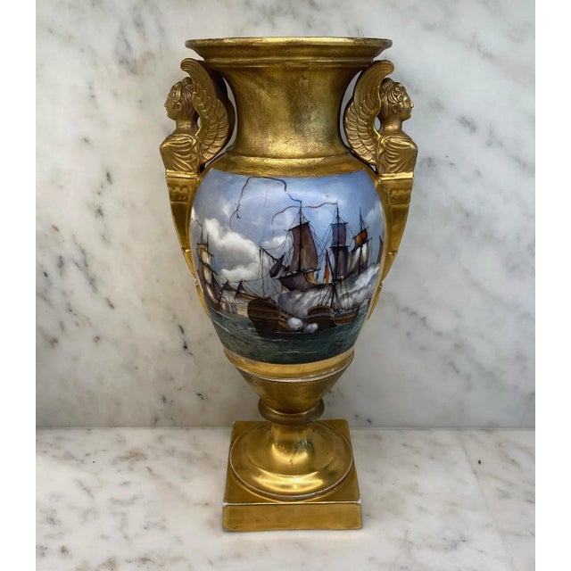 Antique French Hand Painted Gold Gilt Vase Depicting Ships in Battle For Sale - Image 11 of 11