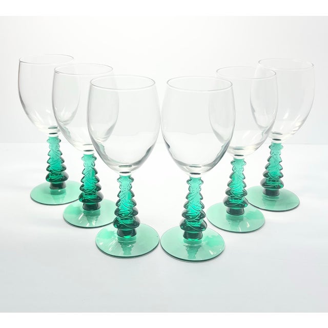 Contemporary Vintage Green Christmas Tree Stem Wine, Water or All Purpose Glasses - Set of 6 For Sale - Image 3 of 5