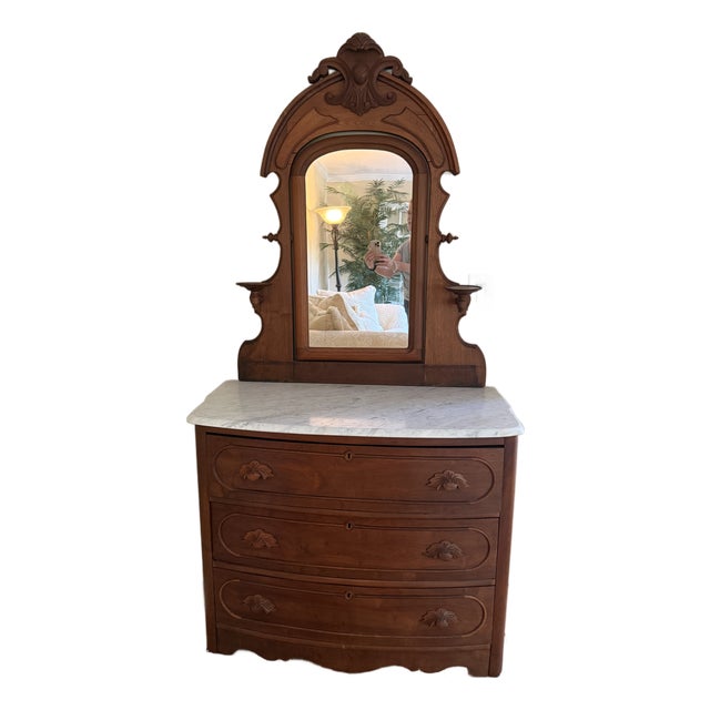 Late-19th-Century to Early-20th-Century Victorian/Eastlake-Style Marble-Top Dresser With an Attached Mirror For Sale