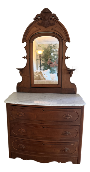 Late-19th-Century to Early-20th-Century Victorian/Eastlake-Style Marble-Top Dresser With an Attached Mirror