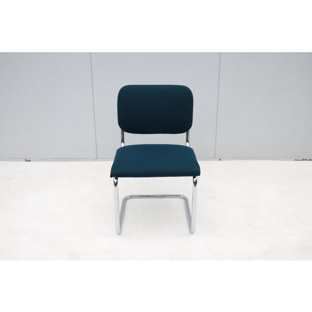 2010s Bauhaus Marcel Breuer Cesca Upholstered Side Chair in Blue Fabric by Gordon For Sale - Image 5 of 18