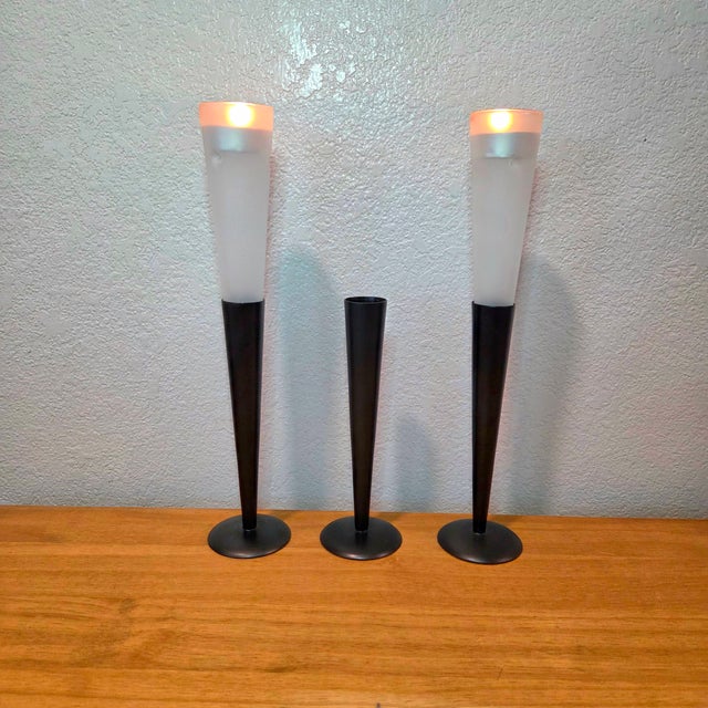 Set of 3 Northern Lights Malibu Tealight Holders, Matte Black Metal & Frosted Glass Modern Candle Stands For Sale In Phoenix - Image 6 of 11