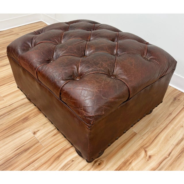 Vintage Restoration Hardware Tufted Leather Ottoman For Sale - Image 10 of 13
