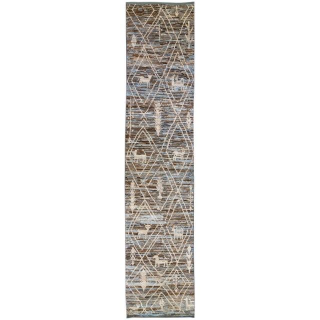 Textile Modern Moroccan Style Blue & Brown Handmade Wool Runner With Tribal Motif For Sale - Image 7 of 7