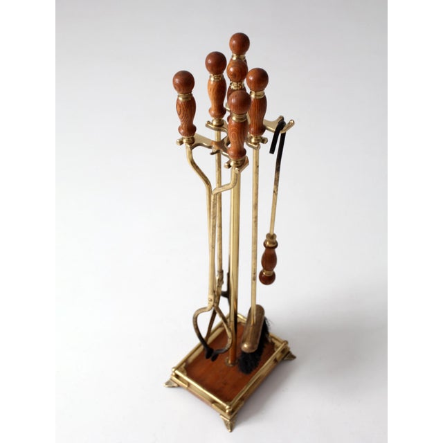 Vintage Hollywood Regency Brass Fireplace Tools Set With Wood Handles For Sale - Image 11 of 18