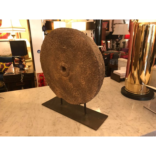 Antique Mill Stone Sculpture Mounted on a Metal Stand For Sale In Miami - Image 6 of 7