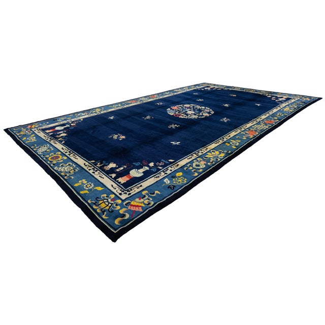 Antique Chinese Art Deco Rug in Deep Blue With Medallion & Botanical Motifs For Sale - Image 13 of 13