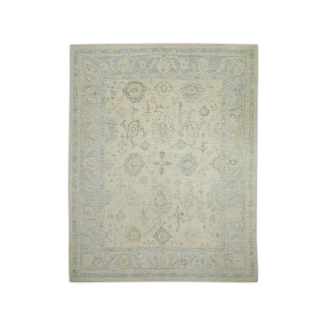 Cream Early 21st Century Cream & Blue Floral Design Handwoven Wool Turkish Oushak Rug 8'2" X 10'3" For Sale - Image 8 of 8
