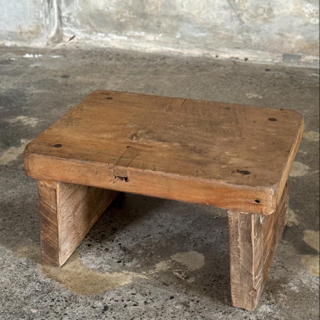 Small stool, upcycled antique teak side stool, footrest. Teak stool—the natural imperfections of the wood (irregularities,...