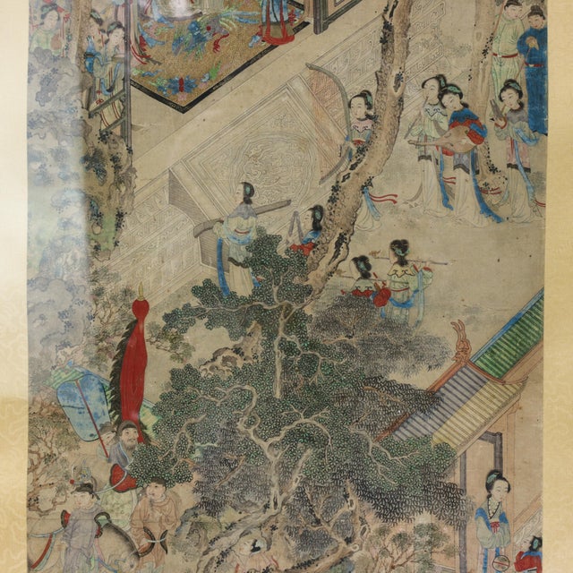 Vintage Chinese Framed Painting of Pavilion Garden Scene With Figures and Mountain Landscape For Sale In New York - Image 6 of 10
