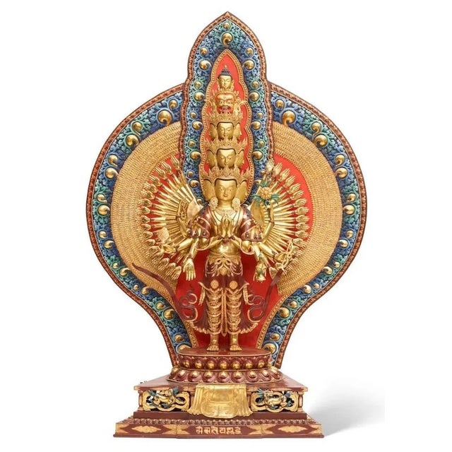 An oversized Gilt and Polychrome Cast Metal Copper alloy Sculpture of Sahasrabhuja Lokeshvara Avalokiteshvara Nepal....