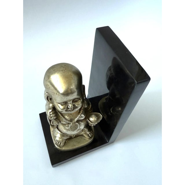 Metal Vintage Bronze - Laughing Buddha Bookend For Sale - Image 7 of 9