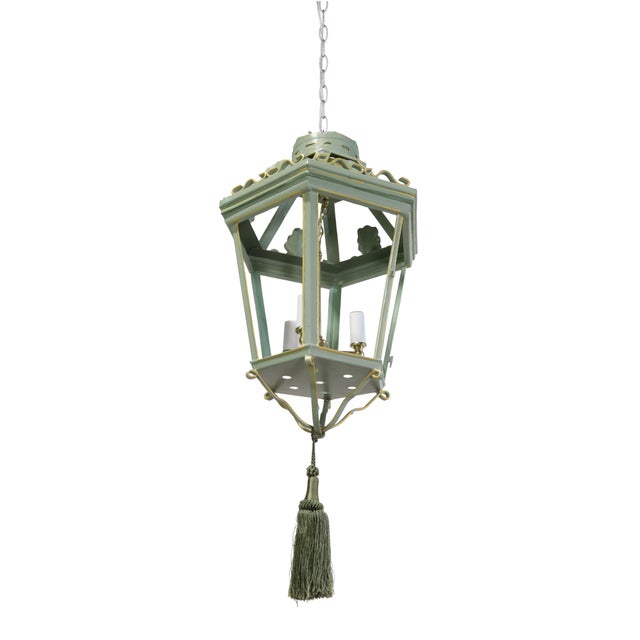 A Vintage “Visual Comfort” Style Iron Celadon Green Chandelier For Sale - Image 4 of 11