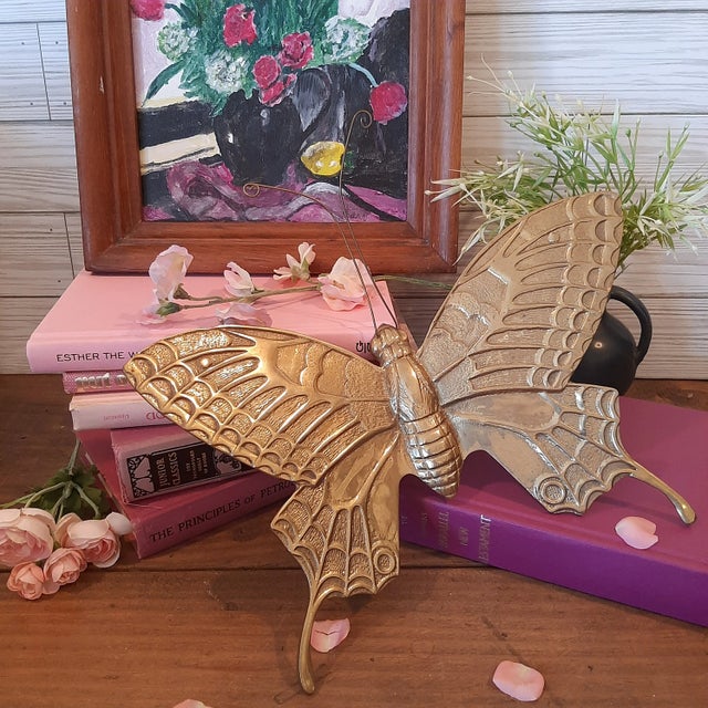 Vintage Solid Brass Butterfly Wall Sculpture Large XL For Sale - Image 9 of 13