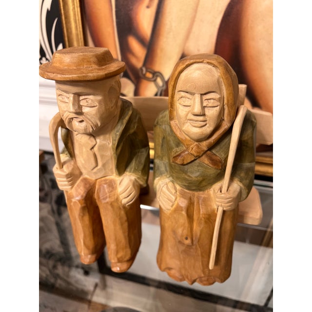 1970s Hand Carved Wooden Sitting Husband and Wife Sculpture For Sale - Image 4 of 6