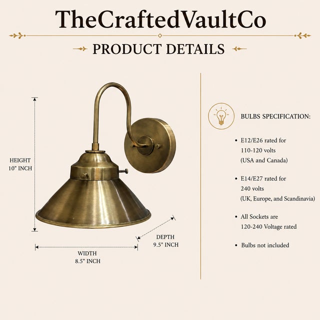 Solid Brass Industrial Wall Sconce, Antique Brass Dome Shade, Farmhouse Bedroom Lighting For Sale - Image 9 of 11