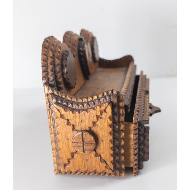 Early 20th Century Carved Folk Tramp Art Wood Wall Shelf Match Holder For Sale In New York - Image 6 of 12