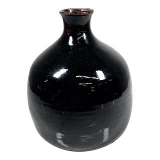 Mid-Century Modern Japanese Bud Vase Dark Brown Glaze Pottery Mingei Tenmoku For Sale