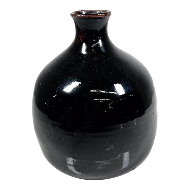 Mid-Century Modern Japanese Bud Vase Dark Brown Glaze Pottery Mingei Tenmoku For Sale