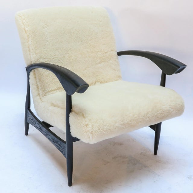 Custom Black Matte Oak Armchairs in Ivory Wool - a Pair For Sale - Image 11 of 12