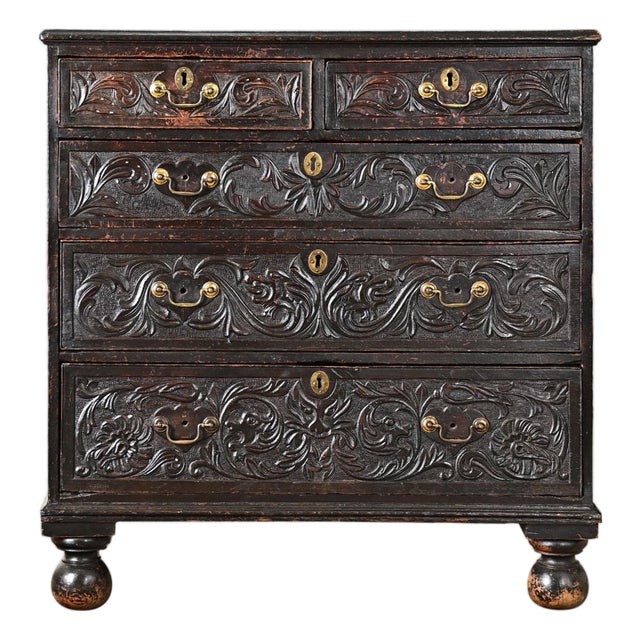 English 18th Century Ebonized Oak Carved Chest of Drawers For Sale