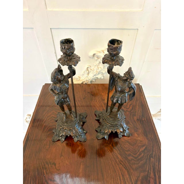 Antique French Victorian Figural Spelter Candlesticks with Soldiers, 1880, Set of 2 For Sale - Image 6 of 9