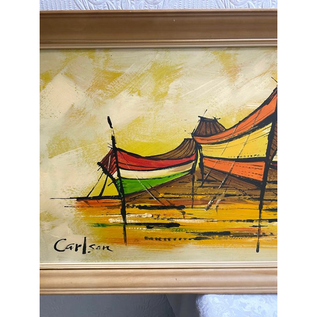 Coastal Vintage Mid Century 1960’s Abstract Ships Coastal Carlson Oil Painting on Board For Sale - Image 3 of 9