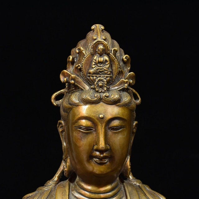 Vintage Gilt Bronze Guanyin Bust | Chinese Buddhist Altar Sculpture With Crowned Amitabha For Sale - Image 10 of 10