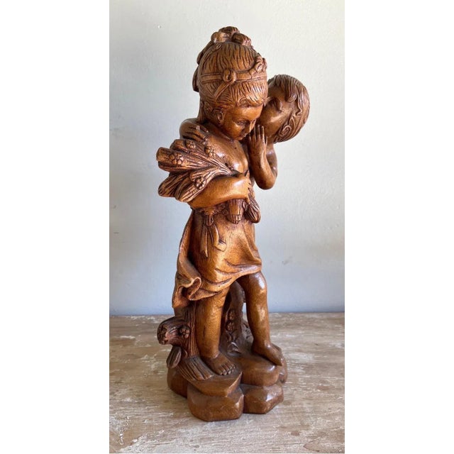 French Walnut Carved Figuritive Sculpture of Boy & Girl