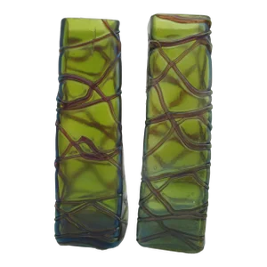 Art Nouveau Pallme-Konig Czech Bohemian Veined Iridescent Green Glass Vase Pair