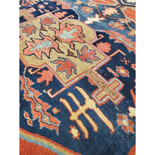 Antique Bakshaish Carpet, Oriental Persian Handmade in Ivory, Blue and Red For Sale In New York - Image 6 of 18