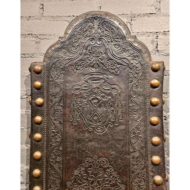 Mid 18th Century 18th Century Portuguese Embossed Leather Panels W/Heraldic Crest & Brass Studs- A Pair For Sale - Image 5 of 12